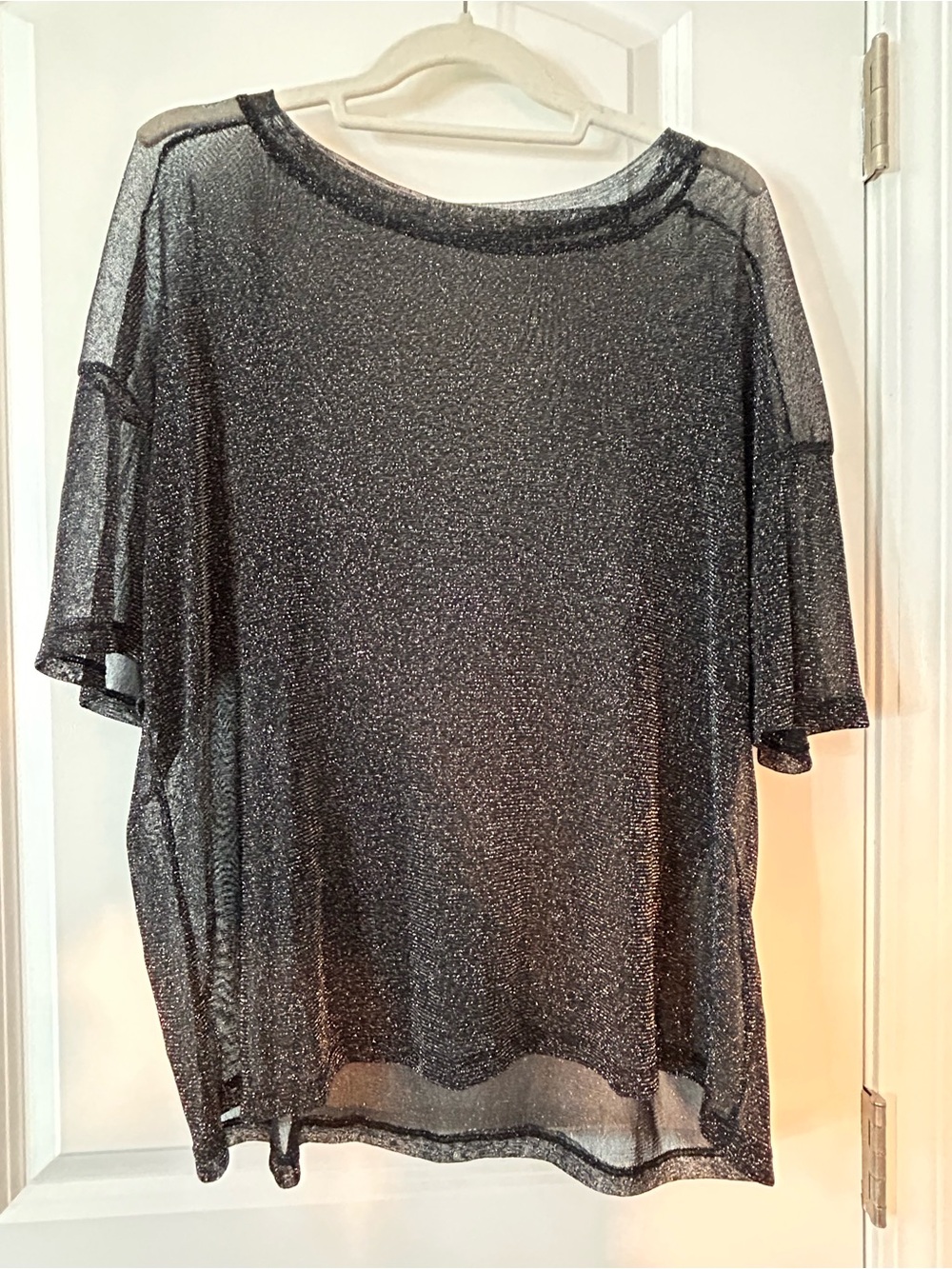 Metallic Sheer Glitter Short Sleeve Top - Black